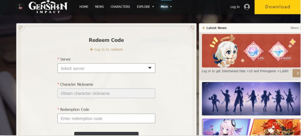 A website where player can redeem codes for rewards for Genshin Impact (Image via Screenshot)