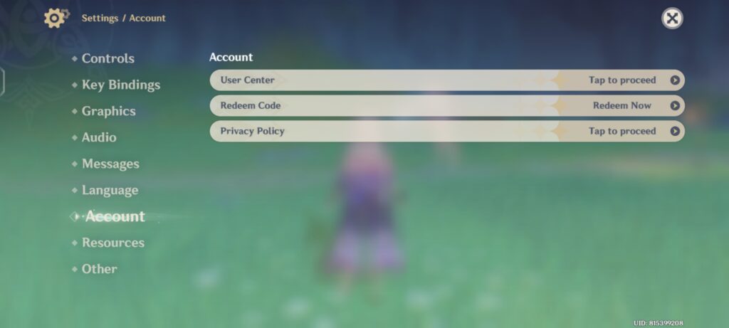 Settings menu where players can redeem codes via in-game