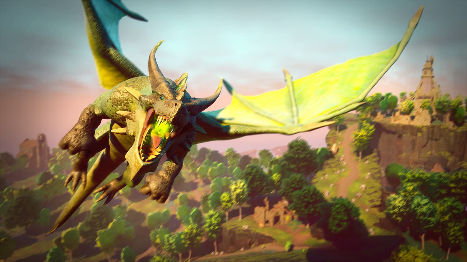 A dragon flying through the skies of Ashenfall.