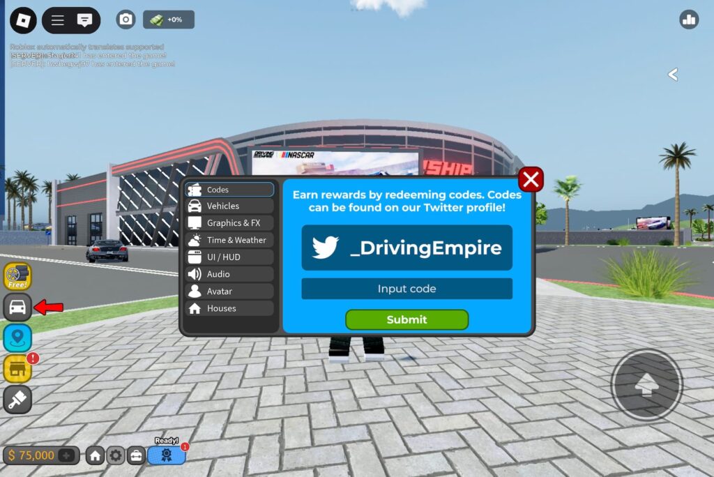 You can redeem codes in Driving Empire in this way.