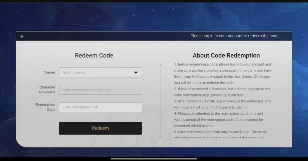 Site where you can redeem Honkai Star Rail codes