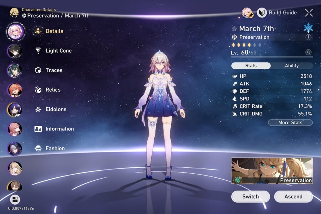 March 7th, a 4-star Preservation unit in Star Rail.
