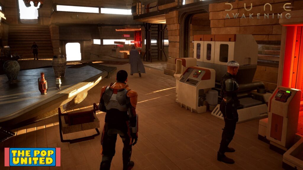 an image of a few players in Dune: Awakening with the ThePopUnited logo on the bottom left